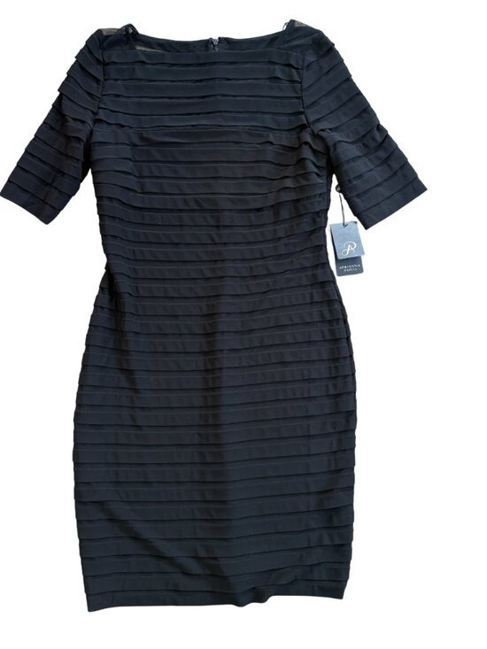 NWT Adrianna Papell Partial Tuck Elbow Sleeve Dress black 10 M L mesh pleated - Picture 7 of 14